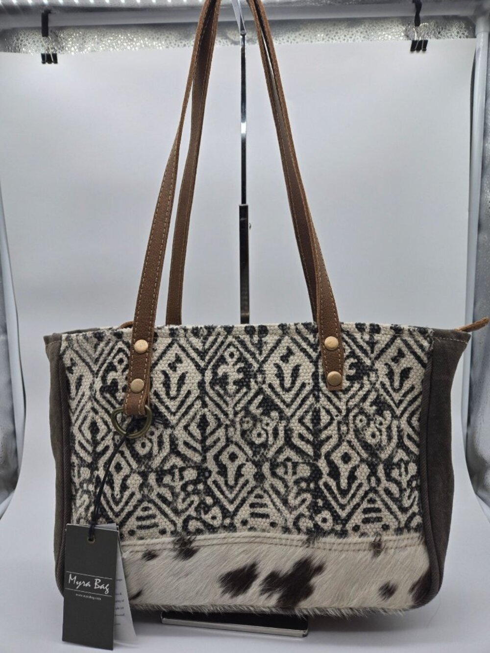 Myra Double Strap Spencer Canvas Cowhide Gray Shoulder Bag Purse